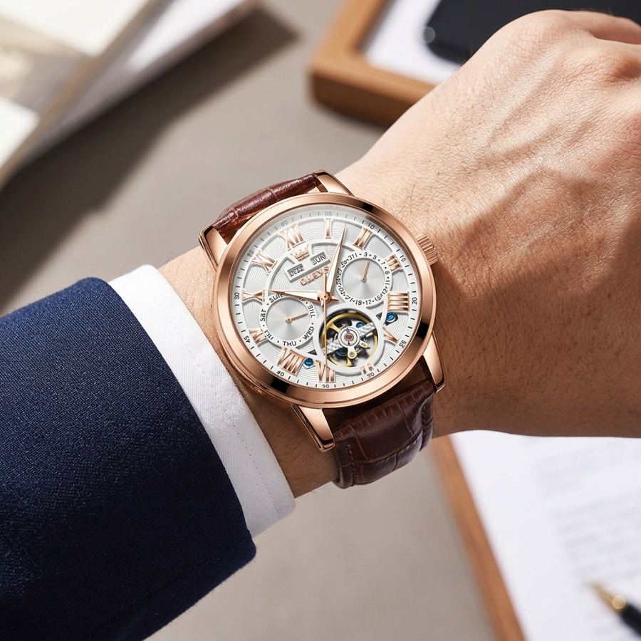 El reloj puesto en la muñeca con camisa y traje